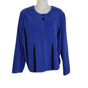 Kari's Place Womens Jacket Size 14P Blazer Blue Black Suede Full Zip Colorblock